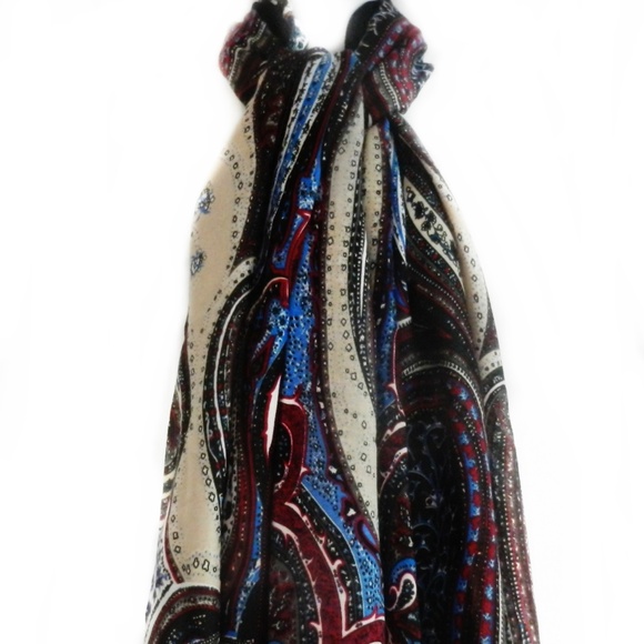 NEW - Scarf Shawl Paisley Blue, Cranberry Tan & Black - Picture 5 of 8